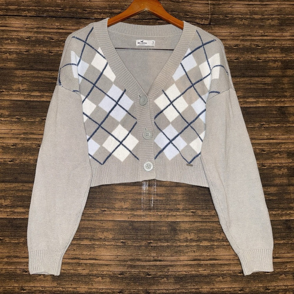 Hollister Women's Gray Argyle Knit V-Neck Cropped Button Front Cardigan Size S